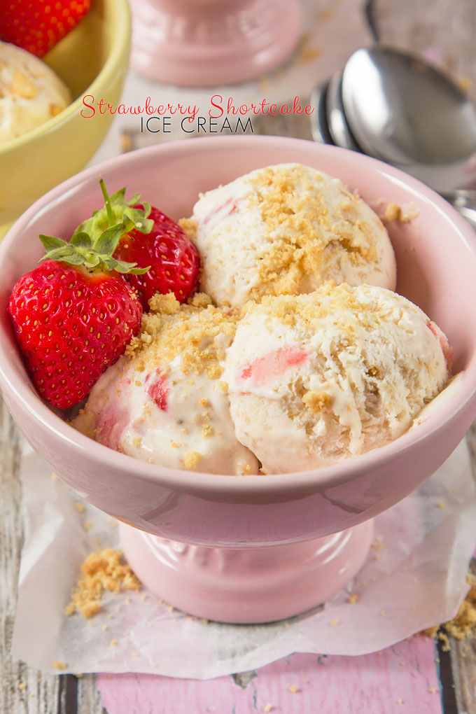 Craving decadent homemade ice cream, but don't have an ice ream machine? Then try my Strawberry Shortcake Ice Cream! Five ingredients, full of fresh strawberries, crumbled biscuits and ready in a few hours with no churning; the perfect summer ice cream!
