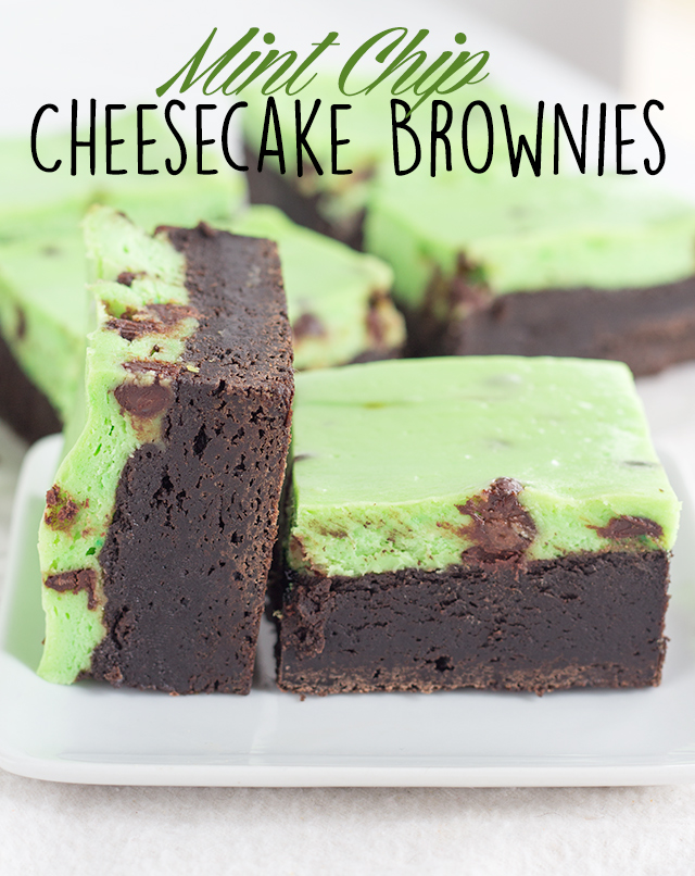 Mint Chip Cheesecake Brownies - fudgy brownies with a layer of mint cheesecake that's packed full of mini chocolate chips.
