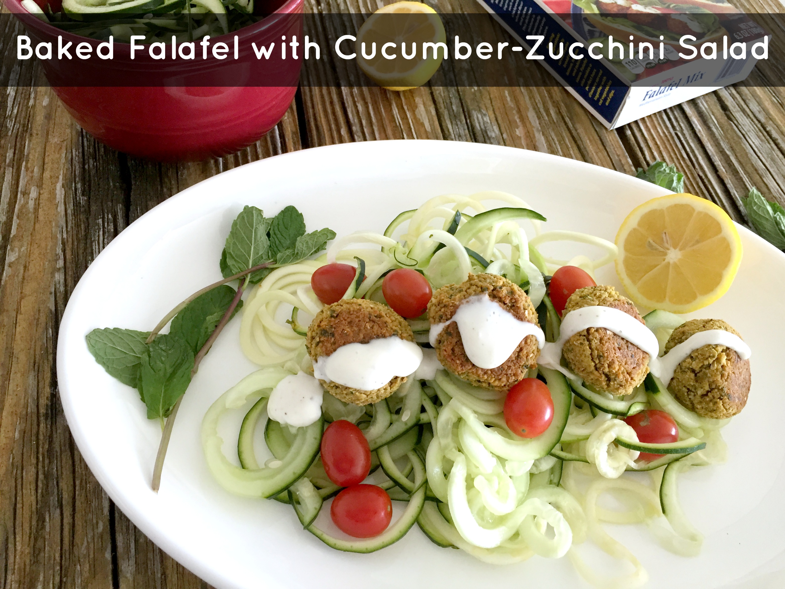 Baked falafel and cucumber-zucchini noodle salad