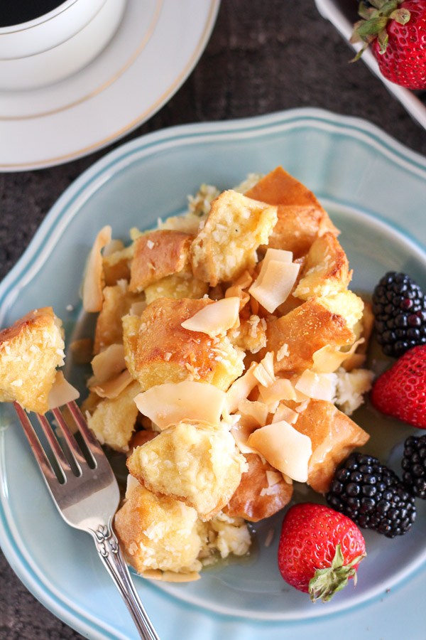 Baked Coconut French Toast - An easy make-ahead french toast casserole flavored with coconut.
