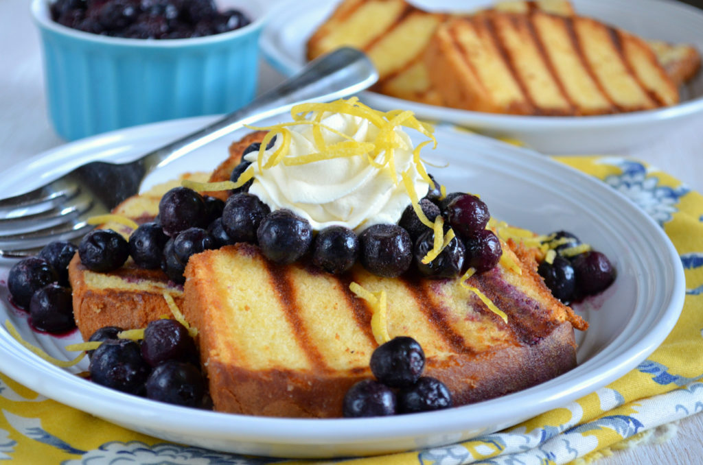 Grilled Pound Cake with Lemon Honey Whipped Cream and Blueberry Compote