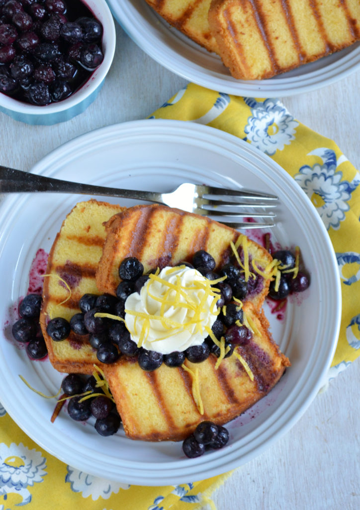 Grilled Pound Cake with Lemon Honey Whipped Cream and Blueberry Compote