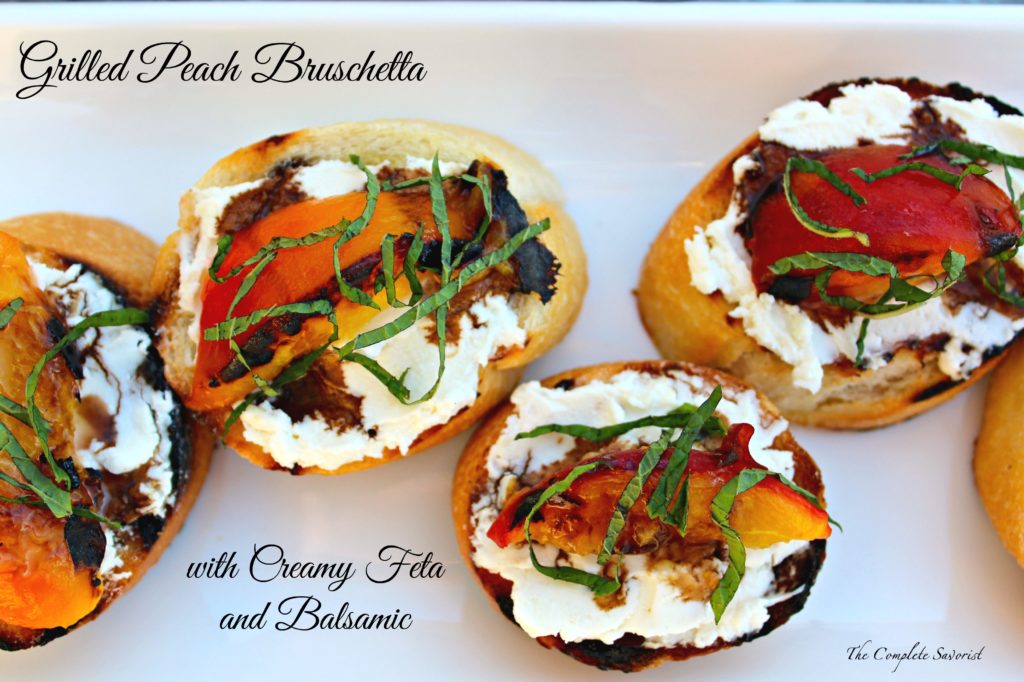 Grilled Peach Bruschetta with Creamy Feta and Balsamic ~ Luscious peaches and your favorite baguette grilled together with a creamy feta cheese spread between them, drizzled with balsamic reduction and fresh mint ~ The Complete Savorist