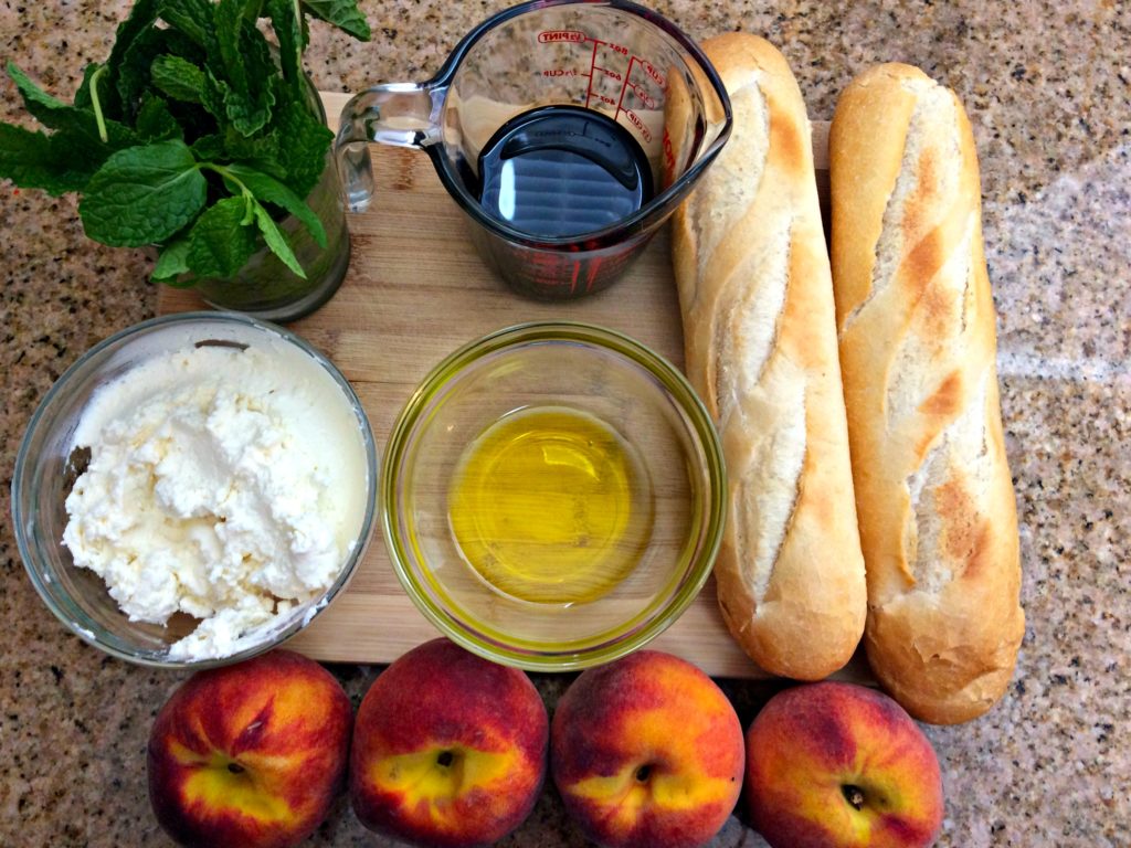 Grilled Peach Bruschetta with Creamy Feta and Balsamic ~ Luscious peaches and your favorite baguette grilled together with a creamy feta cheese spread between them, drizzled with balsamic reduction and fresh mint ~ The Complete Savorist #SoFabFood