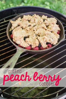 Looking for an easy, fresh, seasonal grilled dessert? This peach berry cobbler features seasonal summer fruit, with peaches and berries, and is cooked on the grill so you don't have to heat up your house making it.