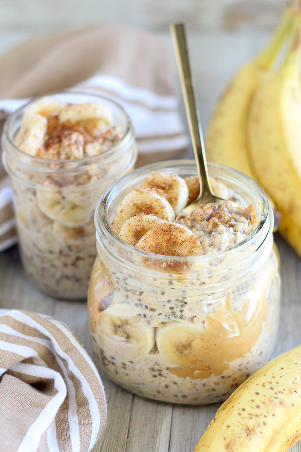 Brown Sugar Banana Overnight Oats is a simple make-ahead breakfast recipe with oats, chia seeds, peanut butter, and bananas. This healthier classic is the perfect grab and go breakfast!