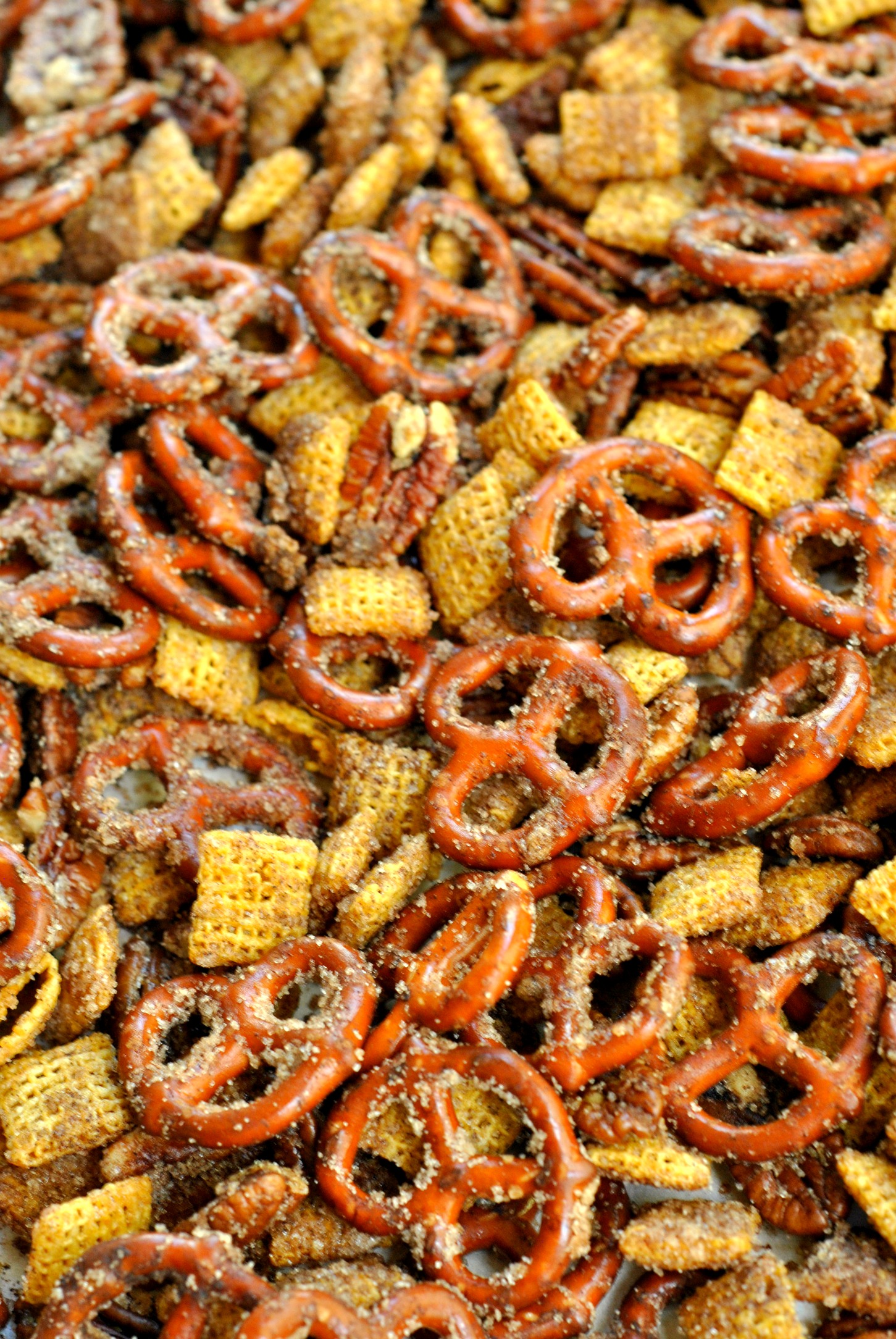 Cinnamon Sugar Snack Mix recipe is perfect for satisfying your snack time cravings! Pretzels, pecans, candy, and cereal coated in cinnamon sugar make this mix so indulgent!