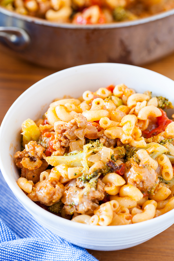 This One-Skillet Italian Sausage Macaroni is hearty, flavorful, and ready in 30 minutes!