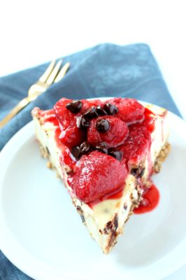 This Chocolate Chip Diabetic Cheesecake is a refined sugar free dessert that tastes just as amazing as traditional cheesecake. This gluten-free cheesecake is perfect with or without the strawberry topping.