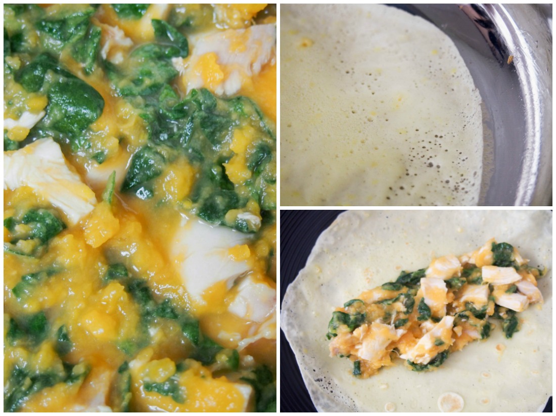 making turkey spinach crepes with sweet potato sauce