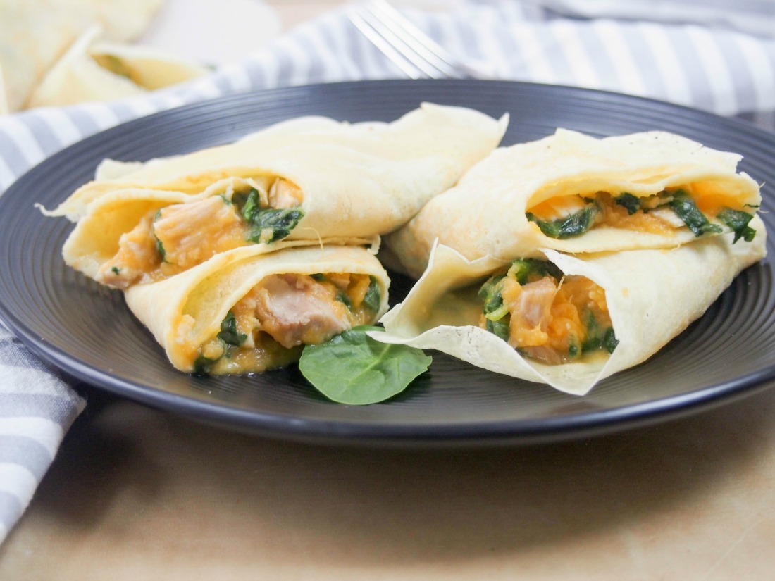 turkey spinach crepes with sweet potato sauce