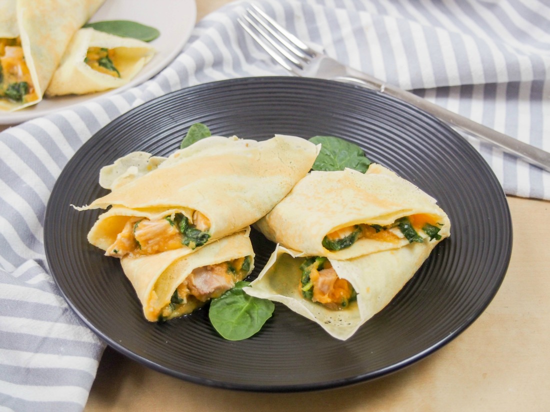 Turkey Spinach Crepes with Sweet Potato Sauce