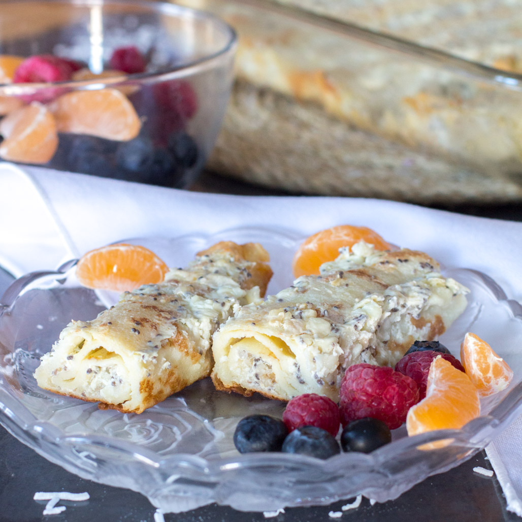 Baked cottage cheese stuffed crepes. A healthy make-ahead breakfast casserole recipe. A low-fat, protein and fiber-packed breakfast idea.