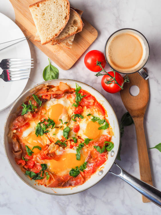 Prosciutto Egg Skillet with Tomatoes and Basil {Gluten-Free, Dairy-Free}