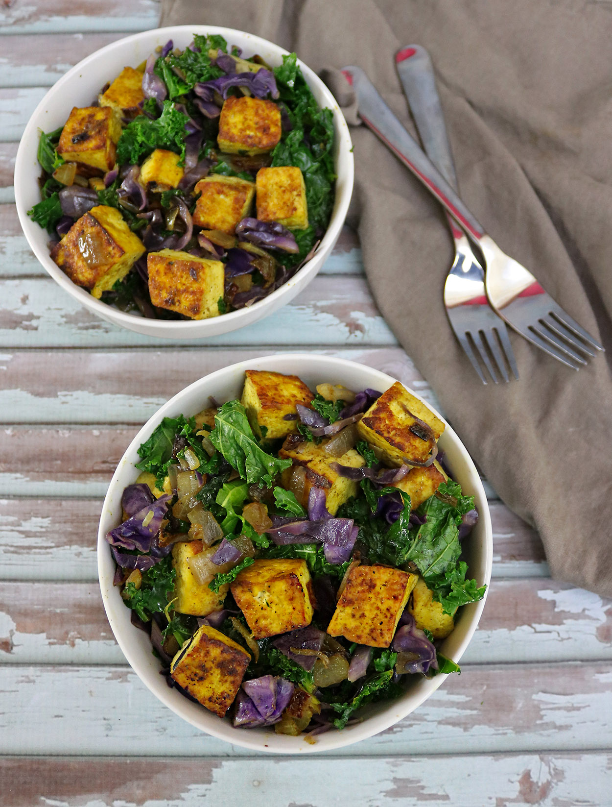 Spiced Tofu with Kale and Cabbage salad