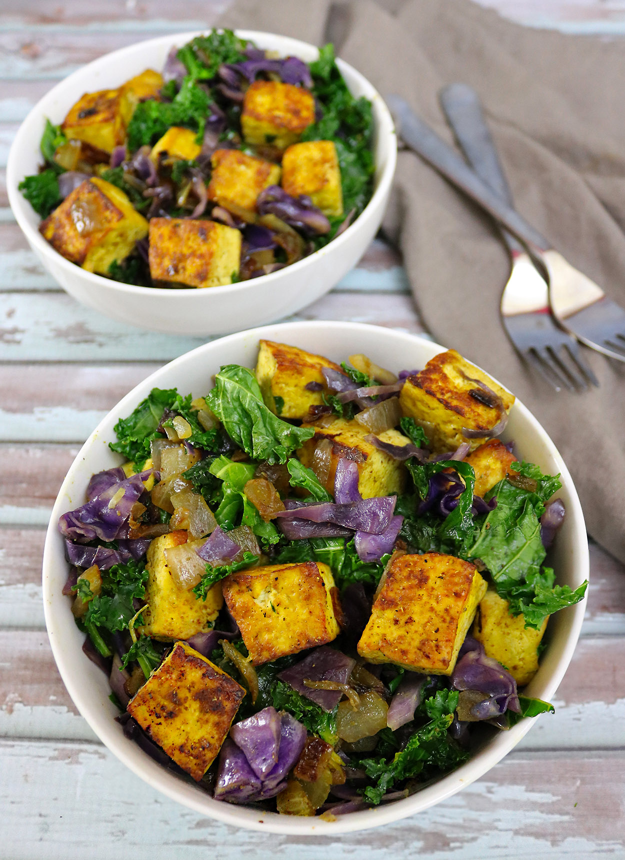 Spiced Tofu with Kale and Cabbage Salad