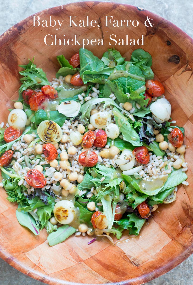 This is a light lunch salad made with baby kale, baby lettuce, farro and chickpeas. The dressing is a simple maple syrup vinaigrette that takes only 5 min
