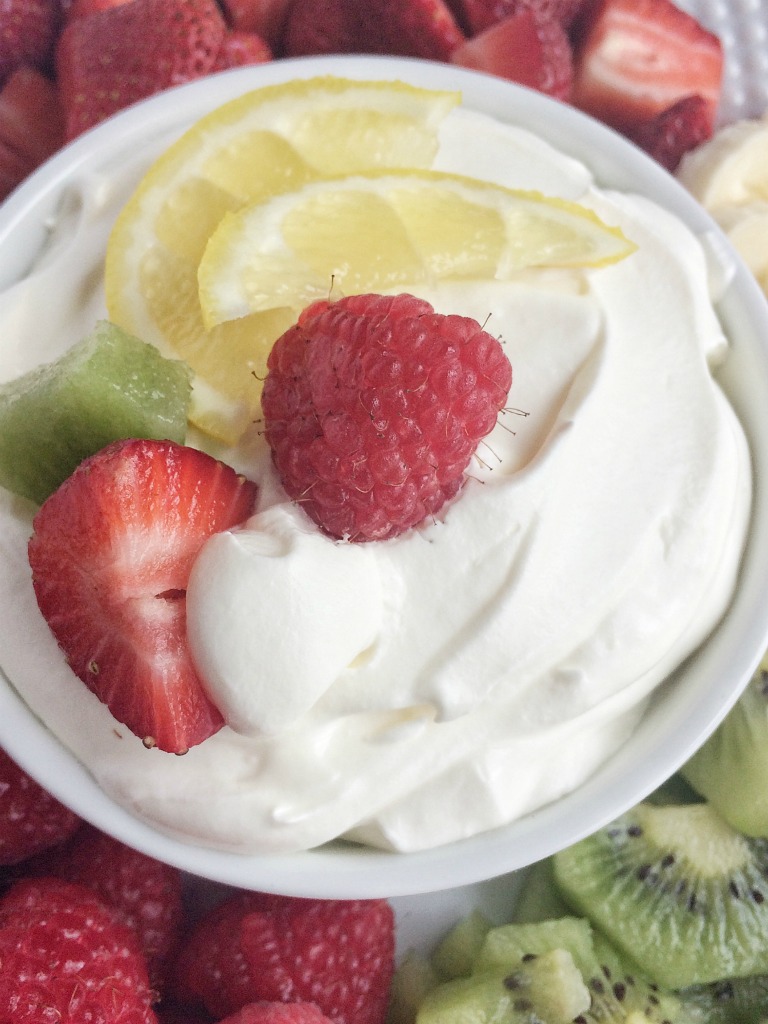 A light, lemony whipped fruit dip that is only 4 ingredeints!