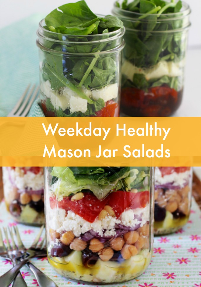 Salads are a great way to use up those odds and ends in the refrigerator and these Healthy Mason Jar Salads are perfect for busy weekdays. Make them ahead of time so you always have a delicious lunch you can grab on the go.