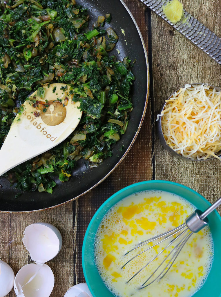Start your weekend with a savory spin by making this Kale Egg Breakfast Bake packed full of caramelized onions and fresh ginger.