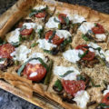 Step outside the traditional pizza box with flaky Roasted Vegetable Phyllo Dough Pizza recipe topped with savory vegetables, parmesan, and mozzarella.