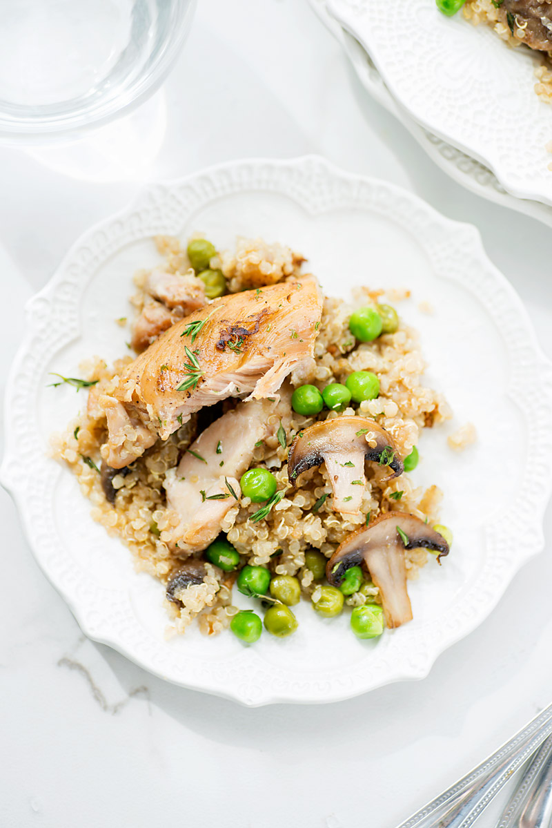This One Pot Braised Chicken and Vegetables full of quinoa, mushrooms, and green peas is a complete meal that is fulfilling and cooks in under an hour.