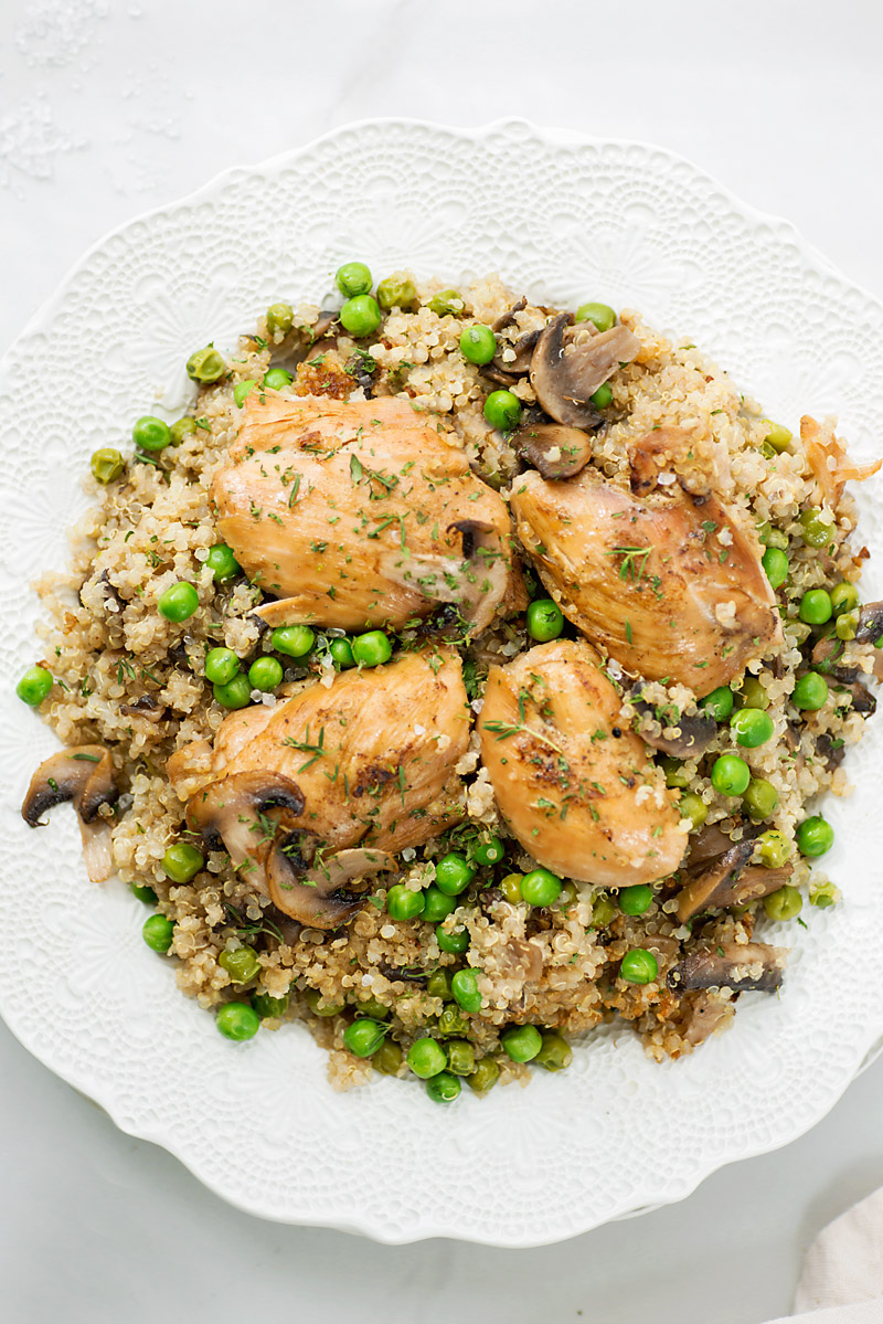This One Pot Braised Chicken with Quinoa with added mushrooms and green peas is a complete meal that is satisfying and cooks in under an hour. It is the perfect weeknight meal when you need something easy, healthy, and delicious.