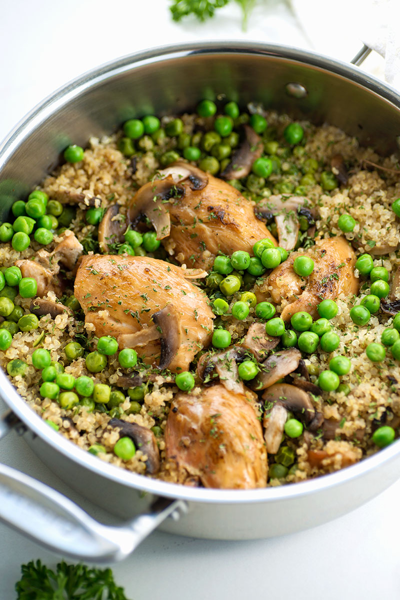 This One Pot Braised Chicken with Quinoa full of quinoa, mushrooms, and green peas is a complete meal that is fulfilling and cooks in under an hour. 