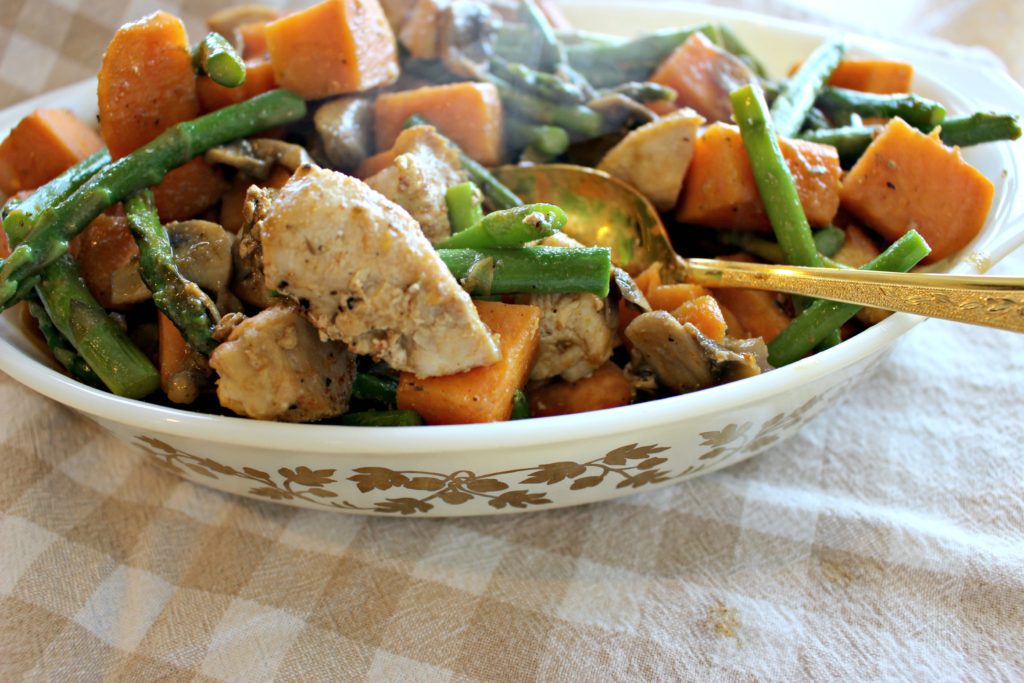 This healthy Chicken Asparagus Sweet Potato Skillet is full of tender chicken and family-friendly vegetables. It's the perfect one-pan dish to satisfy your family on busy weeknights.