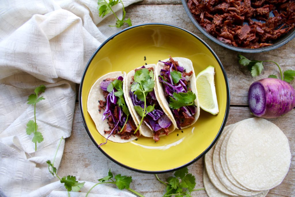 These Korean BBQ Tacos look like they're made with delicious, tender pulled pork, but they are actually made using jackfruit. This vegan delight is a healthier version of your favorite tacos that will impress even the meat lovers in your life!