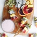 Farmers market fresh Exotic Fruit Kabobs paired with homemade Greek Yogurt Dip are the perfect healthy dessert or after-school snack. The dragon fruit and blood oranges are the stars of the show!