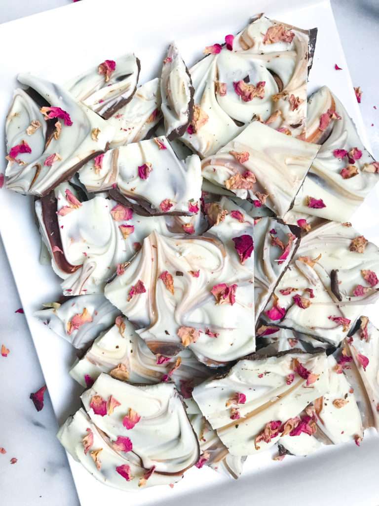 This Sea Salt Rose Chocolate Bark looks impressive even though it only takes 30 minutes to make! Using two types of chocolate and dried rose petals really ups the sophistication factor for this delightful dessert.