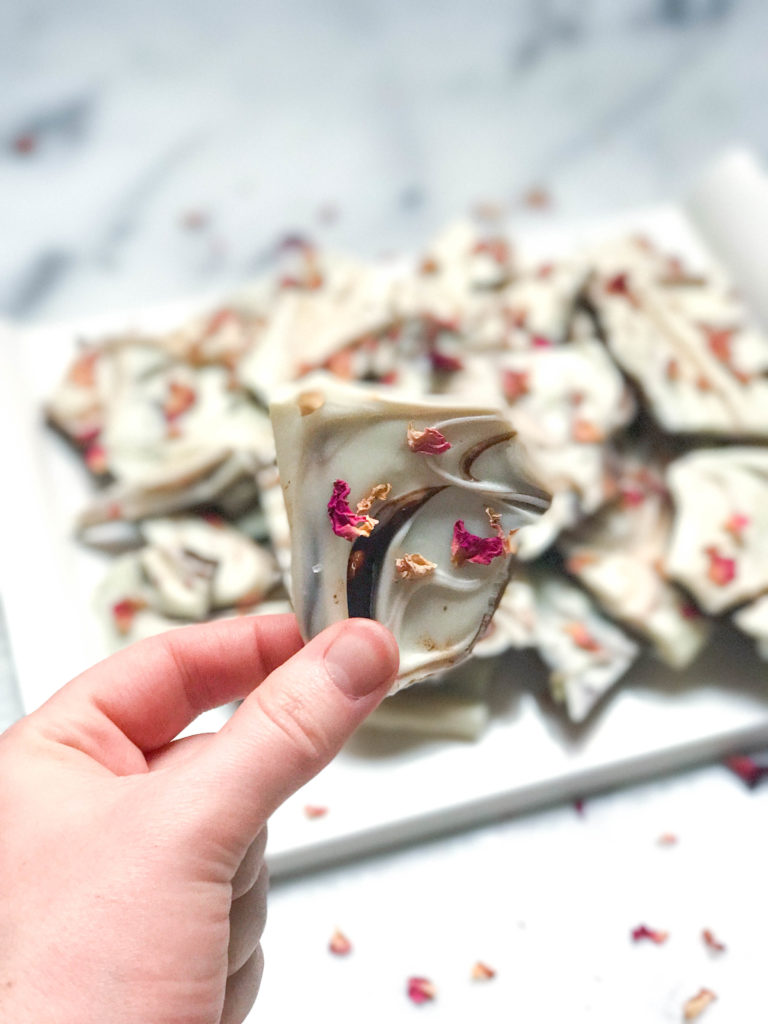 This Sea Salt Rose Chocolate Bark looks impressive even though it only takes 30 minutes to make! Using two types of chocolate and dried rose petals really ups the sophistication factor for this delightful dessert.