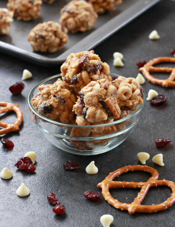 The perfect balance of sweet, salty, and crunchy; there's no way you can't fall in love with these easy, No-Bake White Chocolate Trail Mix Bites at first bite! The perfect snack to add to your kid-friendly charcuterie board.