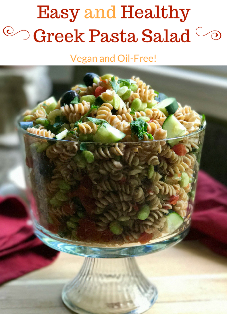 Whip up this Vegan Oil Free Greek Pasta Salad recipe full of Mediterranean flavors in just 30 minutes for a family-style meal everyone will rave about. Perfect for dinner, potlucks, or picnics!