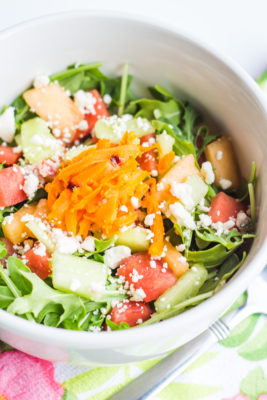 The fresh, sun ripened melons you need to create your new favorite Grilled Carrot Arugula Melon Salad at home taste just like summer. Top this brilliantly-flavored farmers market creation with crumbled feta cheese then enjoy bowl after bowl!