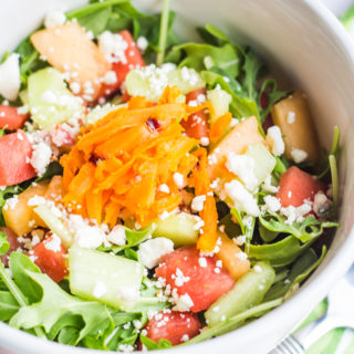 The fresh, sun ripened melons you need to create your new favorite Grilled Carrot Arugula Melon Salad at home taste just like summer. Top this brilliantly-flavored farmers market creation with crumbled feta cheese then enjoy bowl after bowl!