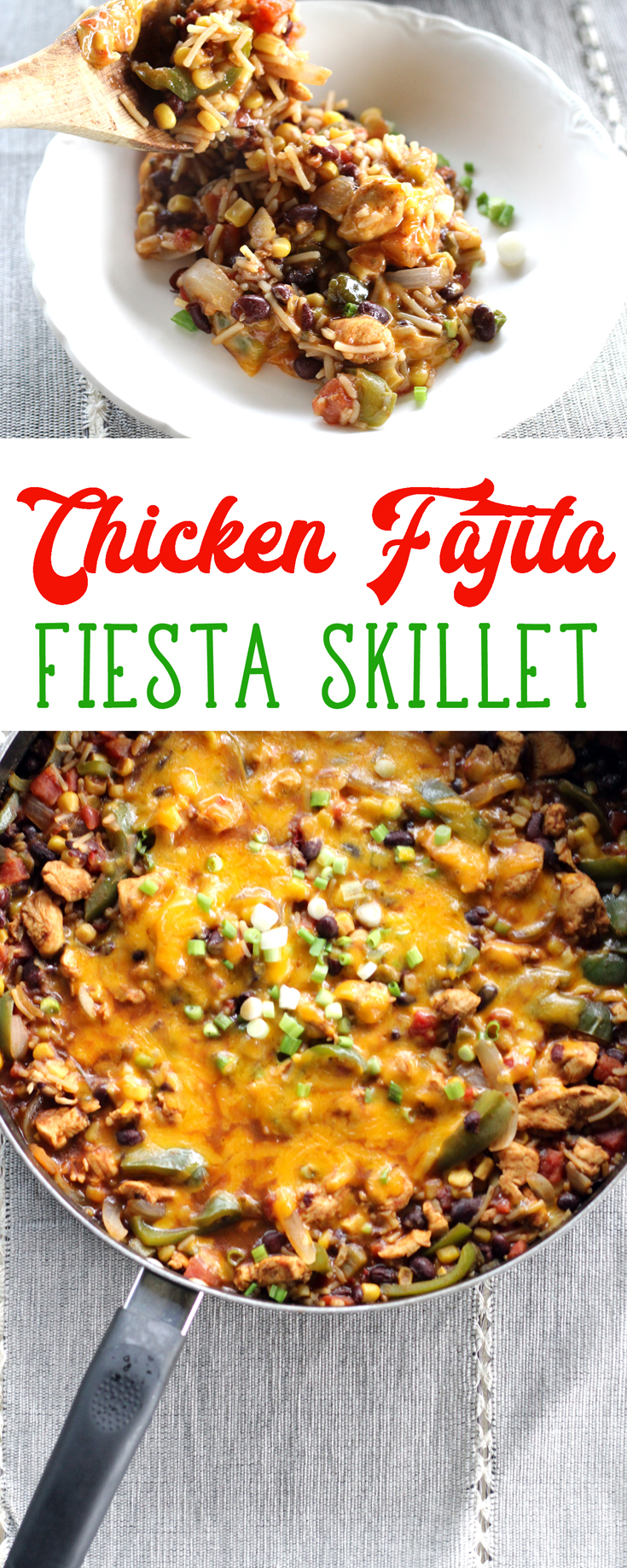 What's not to love about this Chicken Fajita Fiesta Skillet recipe? Tender chicken combined with peppers, onions, black beans, corn, and Mexican rice.