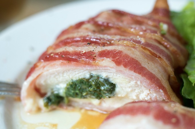 This Bacon Wrapped Stuffed Chicken Breasts recipe full of fresh spinach and white cheddar cheese is the perfect two person recipe for date night.