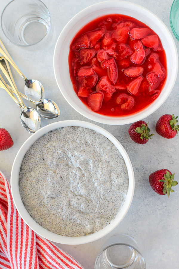 Strawberry Chia Pudding - Thick and creamy chia seed pudding layered with homemade strawberry sauce. An easy and delicious gluten free dessert.