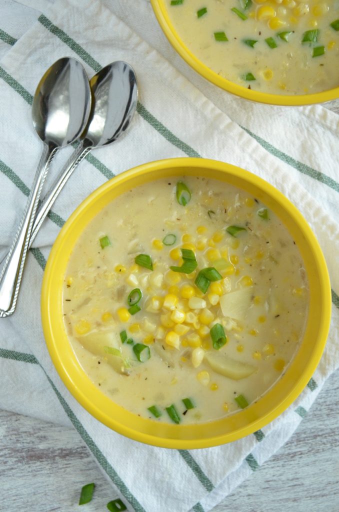 This Vegetarian Corn Potato Chowder for Two is the perfect sized pot of fresh summery goodness for a date night. A meal like this is perfect for the end of summer, when the days are still warm, but the nights begin to cool off as fall quickly approaches!