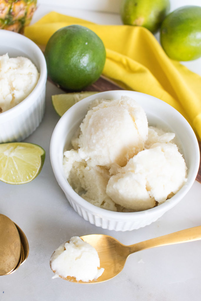 This sweet and creamy No-Churn Piña Colada Sorbet recipe is a dairy-free dessert that's simple to make without any special tools!