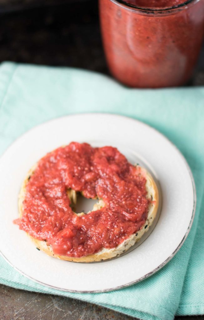 Step aside boring lunch! This Strawberry Rhubarb Chia Seed Jam turns an ordinary PB&J into an extraordinary lunch full of flavor and health benefits. This jam is thickened with chia seeds and sweetened with maple syrup.