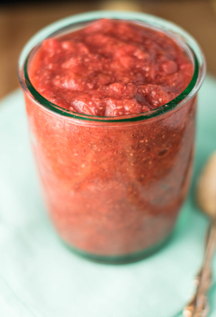 Step aside boring lunch! This Strawberry Rhubarb Chia Seed Jam turns an ordinary PB&J into an extraordinary lunch full of flavor and health benefits. Ready in just 15 minutes from start to finish and no fancy tools or ingredients required.