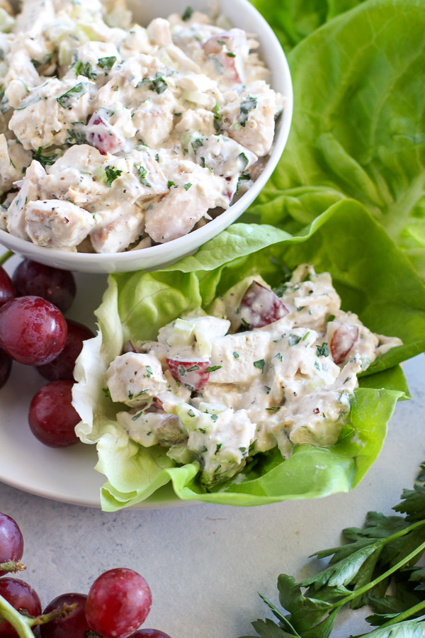 This Reduced-Calorie Chicken Salad recipe is filled with grapes and celery and tossed in lower-calorie dressing. Serve this healthier classic with lettuce, crackers, or bread for a hearty and nutritious meal.