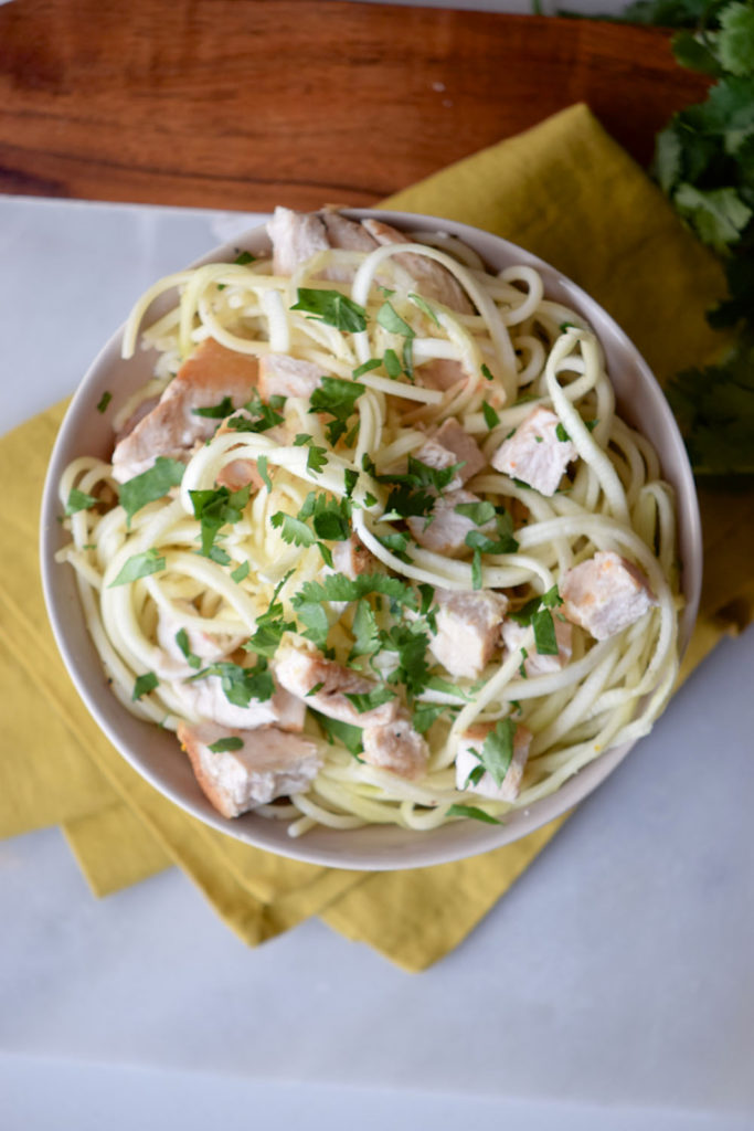 Satisfy your guilty pleasure pasta cravings with this Lime Cilantro Chicken Zoodles recipe. This healthier classic is a light and flavorful twist on traditional heavy pasta dishes that you can enjoy day or night without all of the carbs!