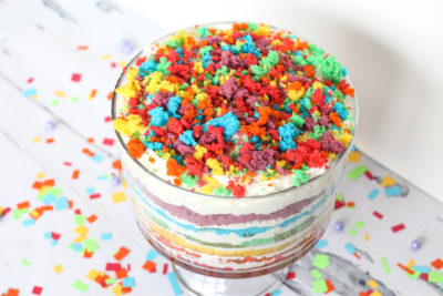 Short on time, but need a dessert with an extra pop of color for an upcoming party? This Magical Rainbow Dessert Trifle is your answer! Simple to make and bursting with the colors of the rainbow, this dessert is sure to be a hit!