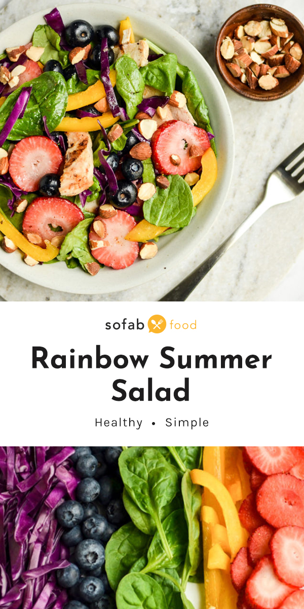 You will love how this colorful Rainbow Summer Salad recipe comes together with the odds and ends from your refrigerator. Let us show you just how well you can eat even while away on vacation!
