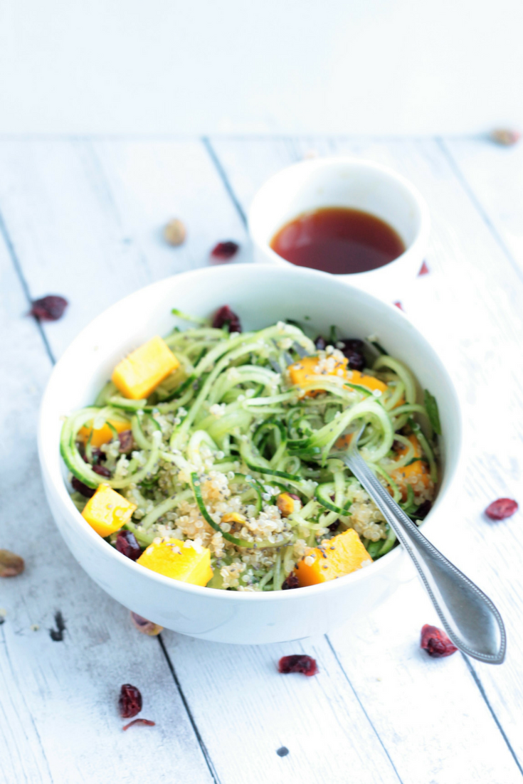 Eat a healthy lunch on busy days when you meal prep this gluten free Vegan Superfood Spiralized Salad loaded with superfoods like quinoa and chia.