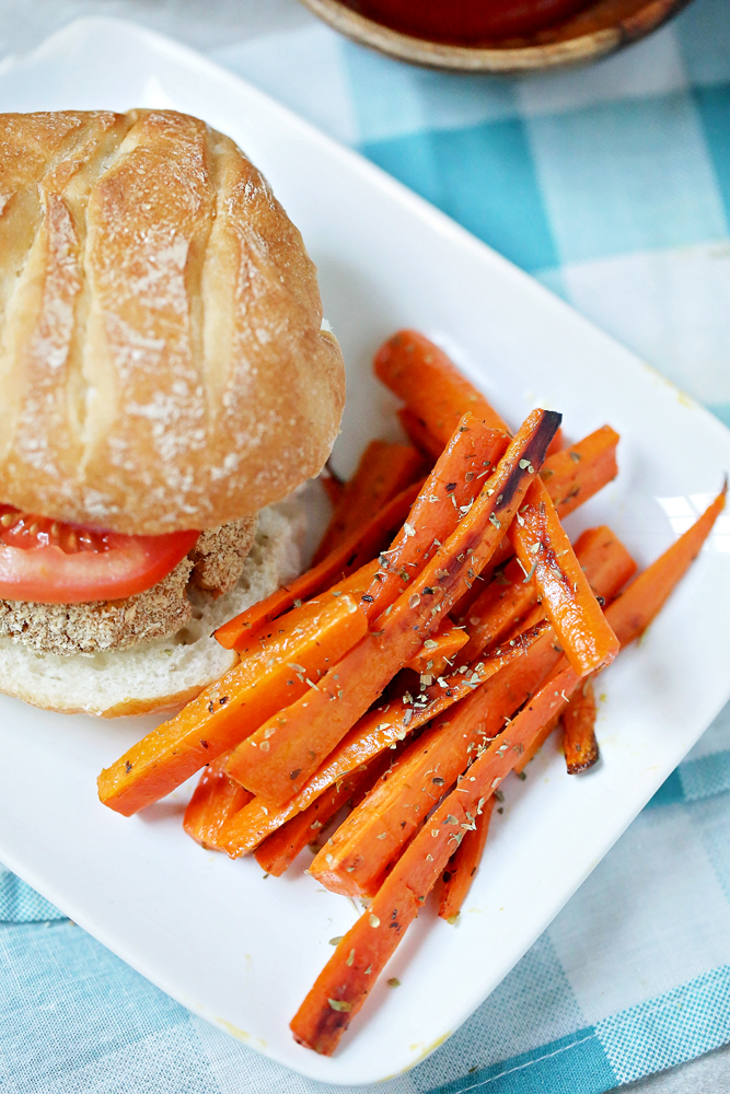 This 5-Ingredient Sweet Potato Burgers recipe with Herb Carrot Fries is a lightened-up pairing bound to be your new favorite healthier classic!